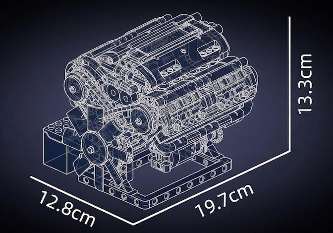 Nákres rozmerov modelu motora Mould King 10188